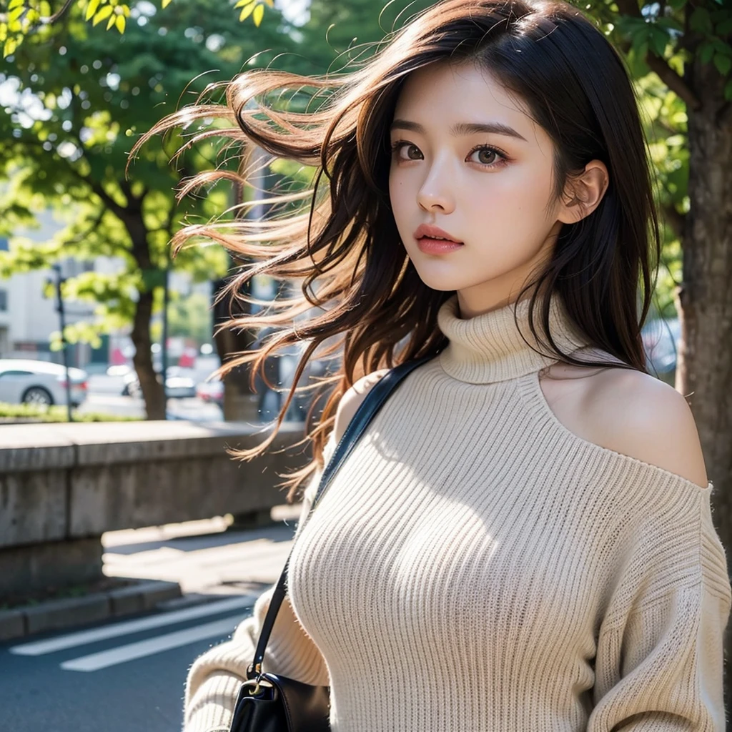 (Colossal 、Turtleneck knitwear、Shoulder bag)、(top-quality,masterpiece:1.3,超A high resolution,),(ultra-detailliert,Caustics),(Photorealsitic:1.4,RAW shooting,)Ultra-realistic capture,A highly detailed,high-definition16Kfor human skin、 Skin texture is natural、、The skin looks healthy with an even tone、 Use natural light and color,One Woman,japanes,,kawaii,A dark-haired,Middle hair,(depth of fields、chromatic abberation、、Wide range of lighting、Natural Shading、)、(Hair swaying in the wind:1.2)、Sts of Tokyo