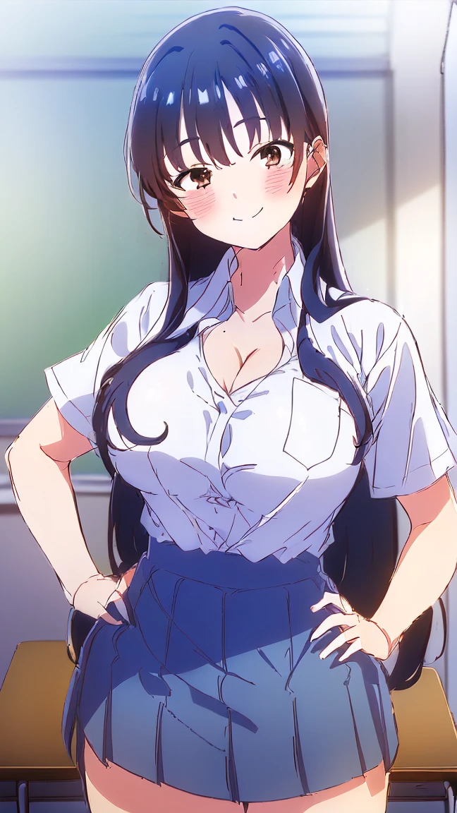 masterpiece, best quality, detailed, focus on character, (1girl:1.5), (solo:1.5), akane tendo, (long hair:1.5), (blue hair:1.5), (brown eyes:1.5), (school uniform:1.5), (white shirt:1.5), (short sleeves:1.5), (blue skirt:1.5), (miniskirt:1.5), (white background:1.5), (curvy body:1.0), (middle breasts:1.5), (smile:1.5), (blush:1.5), (looking at viewer:1.5), (sketch:1.5), (sharped:1.5), (cowboy shot:1.5), (standing:1.5), (looking at viewer:1.5), (hands on own hips:1.5),(((class room background))),((deep cleavage exposing breast))