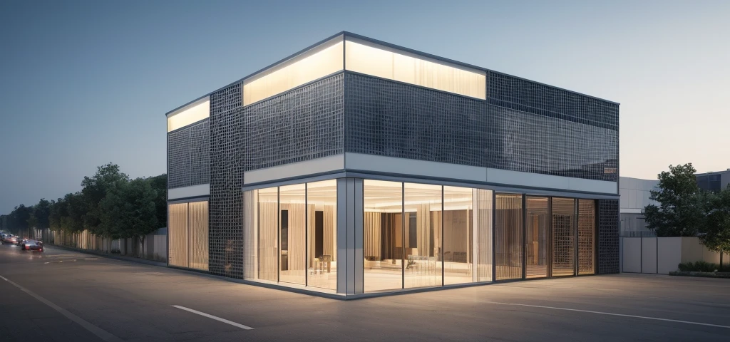 Create an outdoor scene featuring a luxurious car showroom. The building should have large glass windows and a facade covered with elegant CNC perforated panels, reminiscent of a high-end Gucci store. The panels and glass should reflect the magical glow of spotlights. It's evening, and warm yellow light emanates from inside the showroom, which is filled with stylish cars on display. The sky is clear blue, with the glass panels reflecting its colors. The street view includes wide sidewalks with clusters of green trees and bustling pedestrians. Ensure the composition highlights the primary and secondary focal points perfectly