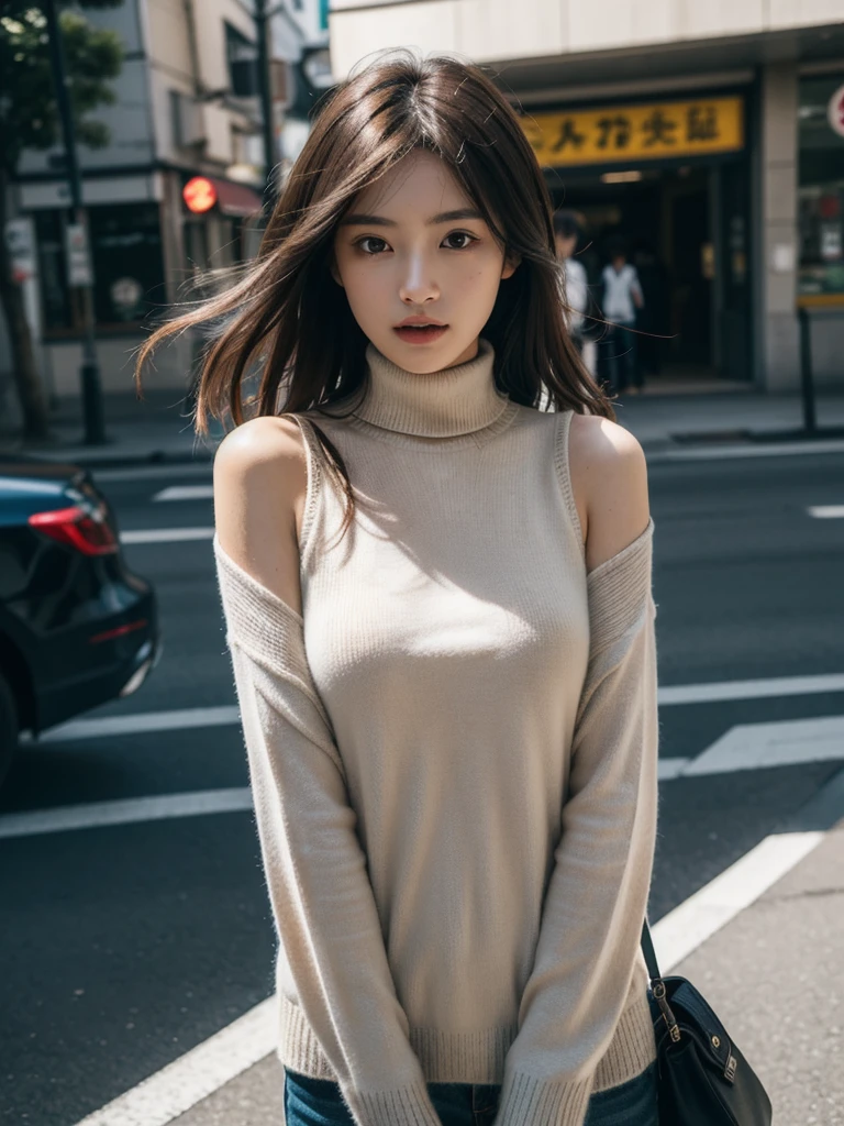 (Colossal tits、Turtleneck knitwear、Shoulder bag)、(top-quality,masterpiece:1.3,超A high resolution,),(ultra-detailliert,Caustics),(Photorealsitic:1.4,RAW shooting,)Ultra-realistic capture,A highly detailed,high-definition16Kfor human skin、 Skin texture is natural、、The skin looks healthy with an even tone、 Use natural light and color,One Woman,japanes,,kawaii,A dark-haired,Middle hair,(depth of fields、chromatic abberation、、Wide range of lighting、Natural Shading、)、(Hair swaying in the wind:1.2)、Streets of Tokyo
