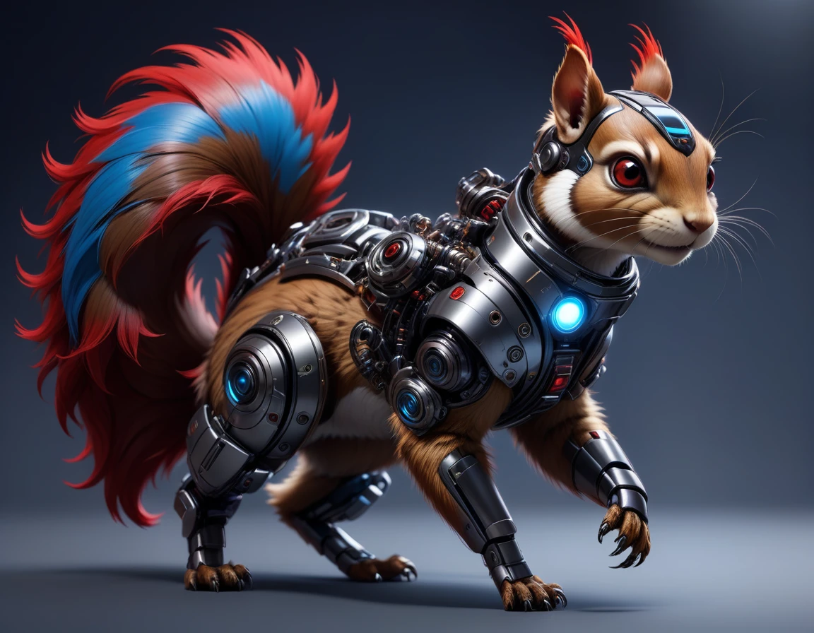 ((Masterpiece)), ((Best Quality)), (Very Detailed), ((Very Detailed)), 4K, (8K), very aesthetic, absurdres highres, Draw a design that resembles a futuristic robotic squirrel. Squirrels have brown fur with black stripes on their tails, and although they are small, they have a strong physique that allows them to move quickly. It features exposed gears, metal plates, and red glowing elements. Its eyes glow blue, and its body reveals sharp front teeth and metal plates. Its powerful front and hind legs have metal joints, and red glowing energy flows from its sharp claws. cyborg, android,