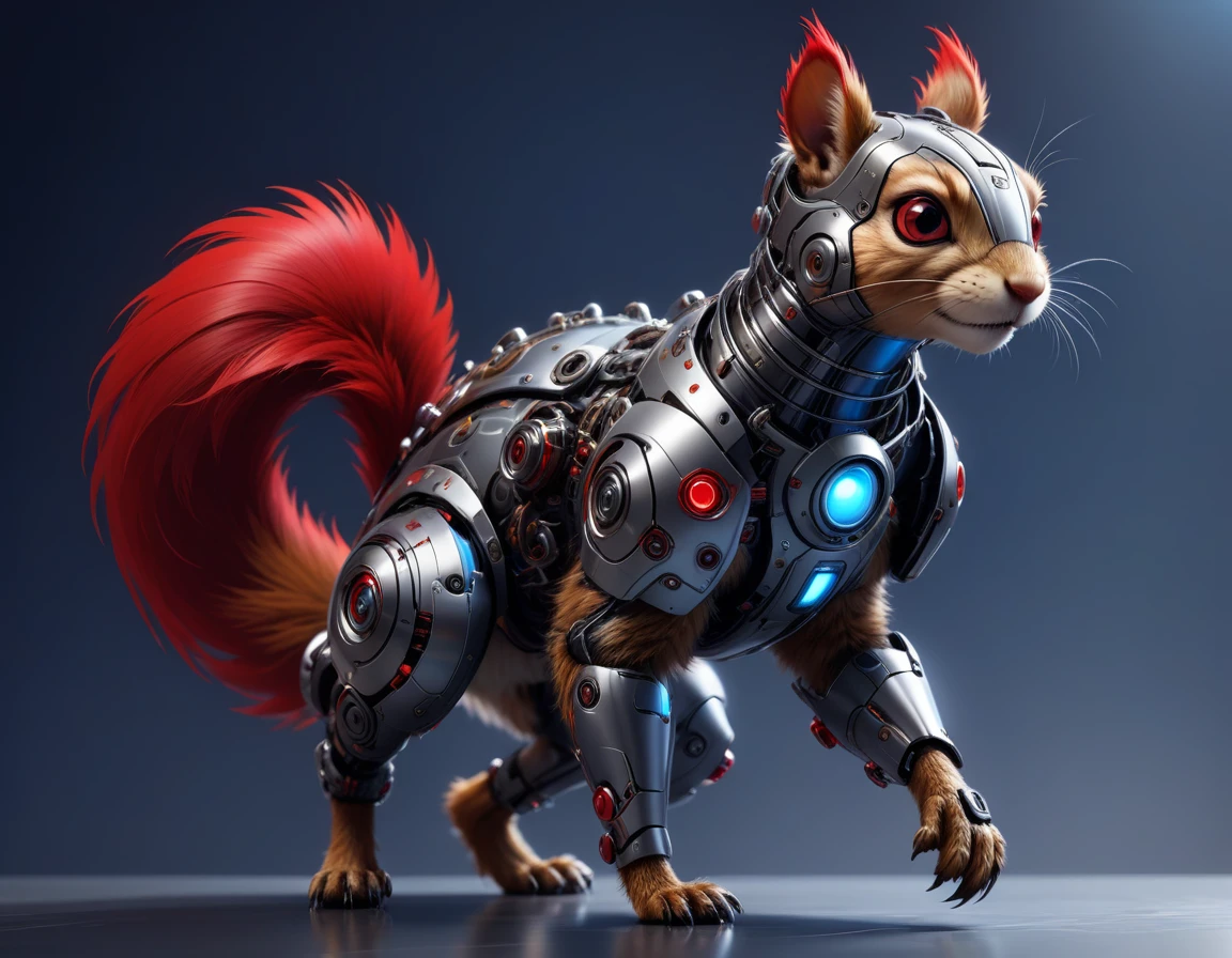((Masterpiece)), ((Best Quality)), (Very Detailed), ((Very Detailed)), 4K, (8K), very aesthetic, absurdres highres, Draw a design that resembles a futuristic robotic squirrel. Squirrels have brown fur with black stripes on their tails, and although they are small, they have a strong physique that allows them to move quickly. It features exposed gears, metal plates, and red glowing elements. Its eyes glow blue, and its body reveals sharp front teeth and metal plates. Its powerful front and hind legs have metal joints, and red glowing energy flows from its sharp claws. cyborg, android,