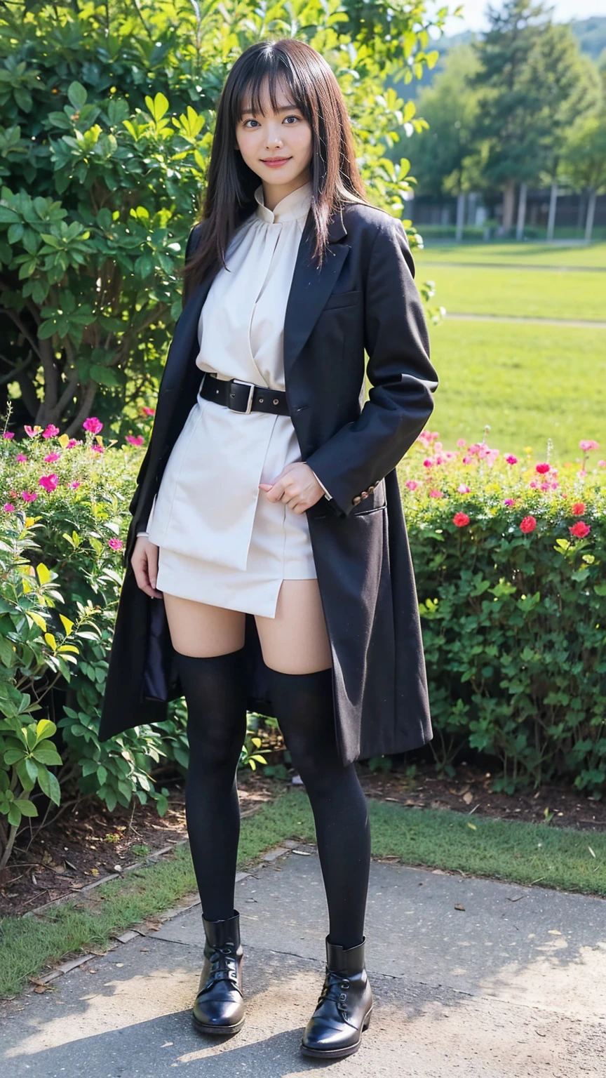 (8K、RAW Photos、Highest quality、masterpiece:1.2)、(Realistic、Realistic)、1 Girl、((Check mini skirt、Long coat、Medium Hair、black、Thin legs、whole body、boots、blackいコート、one piece、tights、garden、View from the front、smile、Looking into the camera、belt、Stand with hands on hips))、cute
