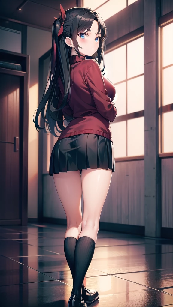 rintohsaka, rin tohsaka kyockcho, aqua eyes, (black hair:1.5), hair ribbon, long hair, ribbon, sidelocks, two side up, (parted bangs:1.5),
BREAK black skirt, long sleeves, miniskirt, pleated skirt, (red sweater:1.5), skirt, sweater, thighs, turtleneck,
BREAK indoors, street, night, wet road, neon lights, reflections, stars, starfall,
BREAK looking at viewer,
BREAK (masterpiece:1.2), best quality, high resolution, unity 8k wallpaper, (illustration:0.8), (beautiful detailed eyes:1.6), extremely detailed face, perfect lighting, extremely detailed CG, (perfect hands, perfect anatomy),standing, from behind,back view photo,full body,long legs,skinny fit, shows panties,upskirt,sexy panties,lace panties, bend over,shows ass,black pantyhose.
