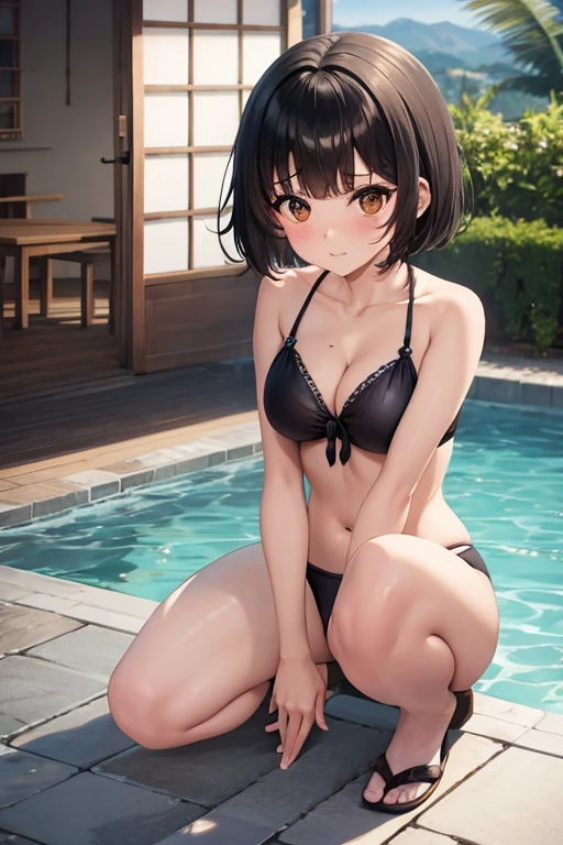 1girl, Solo, full body, Japanese high school girl, beautiful, big eyes, droopy eyes, brown eyes, tall, transparent, serious, blushing, scary, nervous, black hair, short cut, straight hair, swimsuit, bikini, blue swimsuit