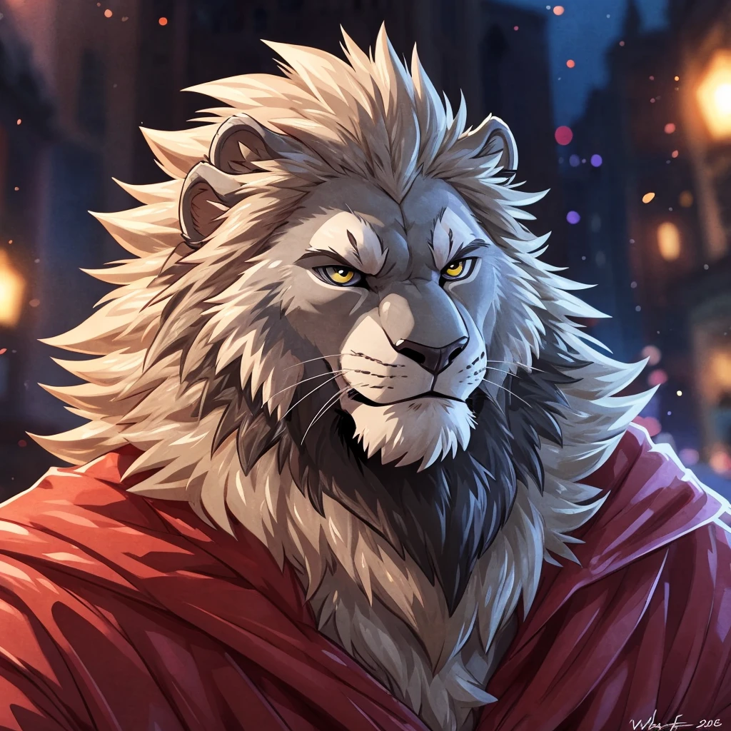 anthro lion, ((grey lion)) 4k, high resolution, best quality, posted on e621, solo, anthro body, male, adult, masculine, , correct anatomy, (icon), (blurry background, out-of-focus background:1.2), (by takemoto arashi:1.0), (by wfa:1), (by Taran Fiddler:0.5), young, (cel shaded, cartoony shading:1.2), black lineart, black outline, flat coloring, (strong shadows, dark shadows:1.2), dynamic pose, portrait, close up to face,
