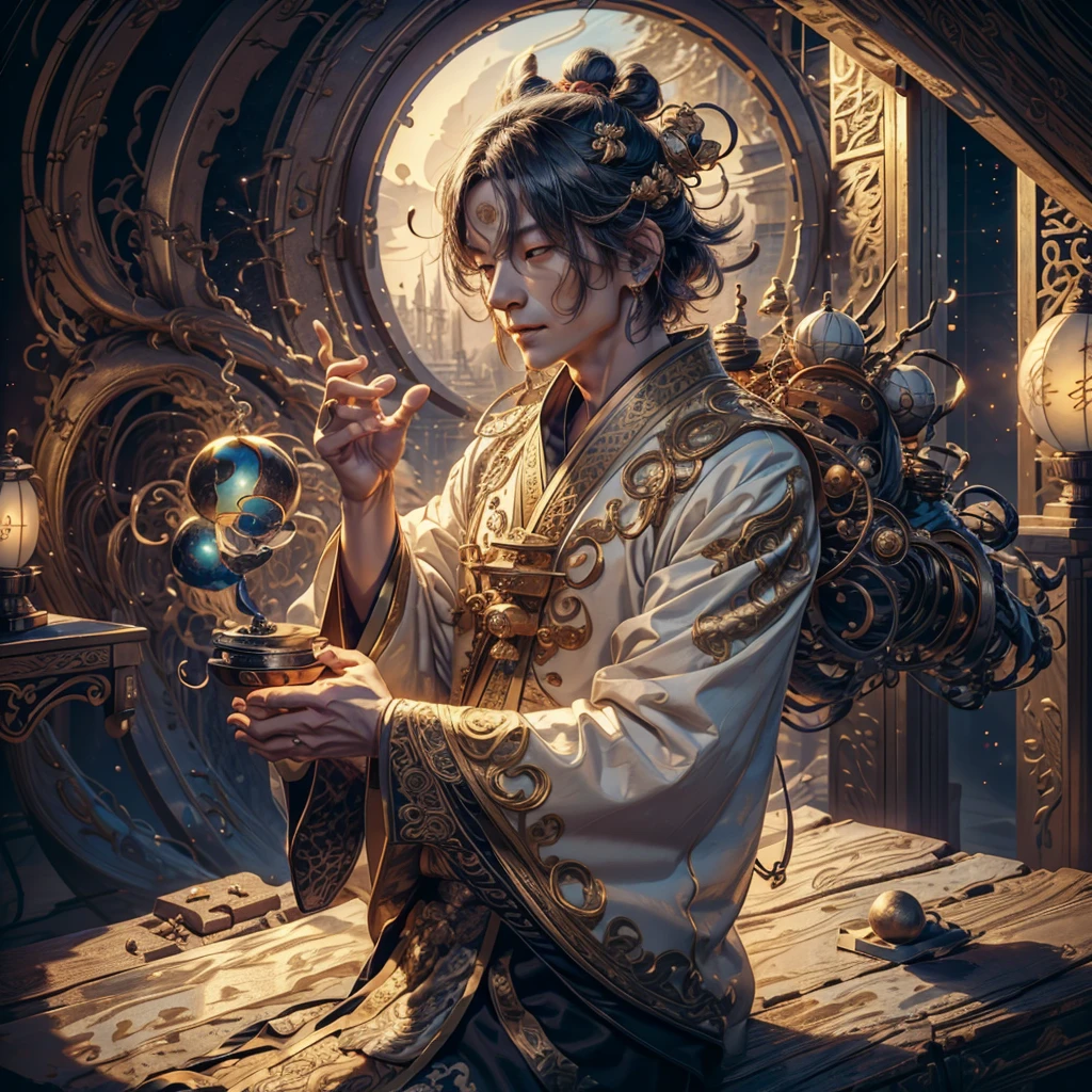 one person,Taoism,meditate,taijitu,浩瀚of宇宙星辰,Older men,wearing a Taoism robe,Starlight,fantasy,of,16k quality,Lots of facial details,Fine composition,Feeling,Top-down lighting,Facial details,Extremely detailed