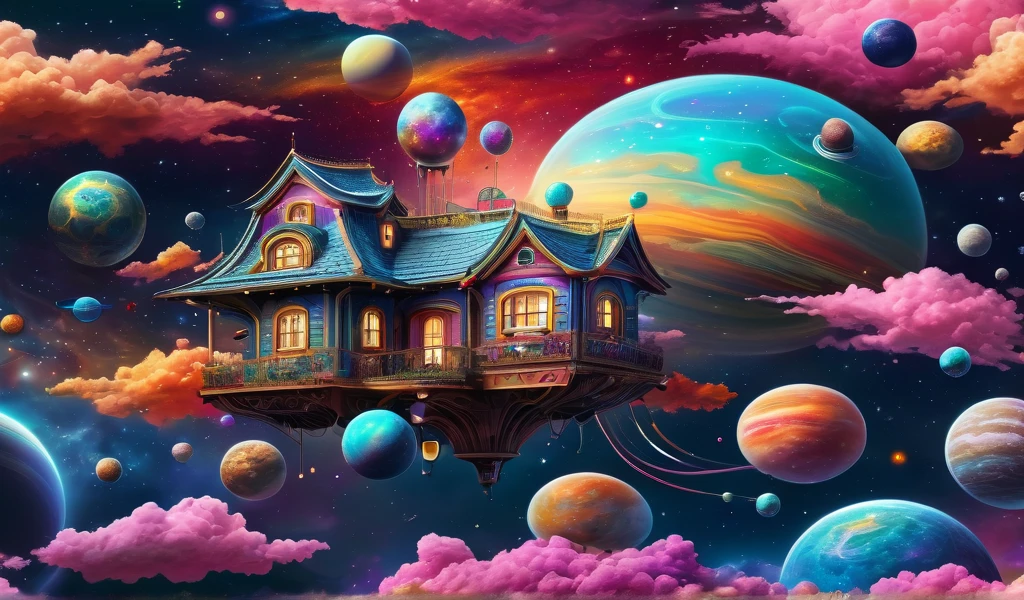 colorful, highly detailed, best quality, floating house on the clouds, colorful planets in the cosmos