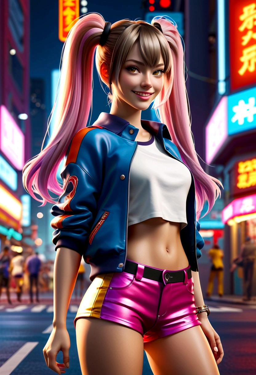 Best quality, high resolution, Masterpiece: 1.3, Stunning Adult Woman, Hairstyle: Twin Tails, mini skirt, Masterpiece, Confident Smile, Realistic, Bold Personality, Multiple Female Characters, Captivating Eyes, Attractive Features, Colorful Twin Tails, High Fashion mini skirt, Urban Theme, Neon Signs, Busy City Street, Bright Lights, Reflective Surfaces, Detailed Clothes, Accessories, Closeup 3D Octane rendering, ray tracing, super detailing viewer, closeup. front view