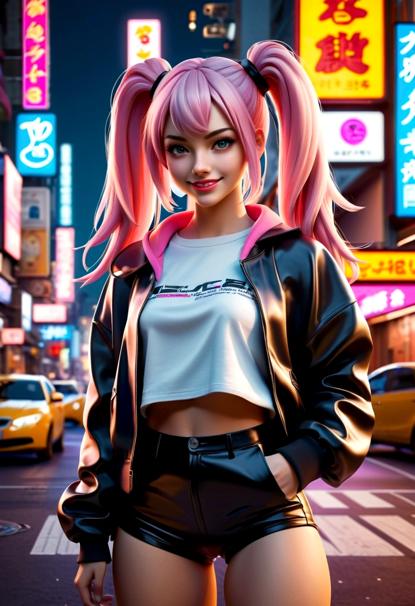 Best quality, high resolution, Masterpiece: 1.3, Stunning Adult Woman, Hairstyle: Twin Tails, mini skirt, Masterpiece, Confident Smile, Realistic, Bold Personality, Multiple Female Characters, Captivating Eyes, Attractive Features, Colorful Twin Tails, High Fashion mini skirt, Urban Theme, Neon Signs, Busy City Street, Bright Lights, Reflective Surfaces, Detailed Clothes, Accessories, Closeup 3D Octane rendering, ray tracing, super detailing viewer, closeup. front view