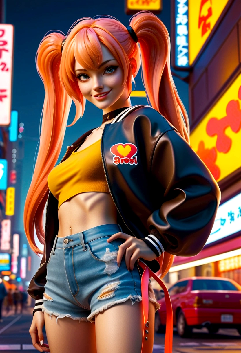 Best quality, high resolution, Masterpiece: 1.3, Stunning Adult Woman, Hairstyle: Twin Tails, mini skirt, Masterpiece, Confident Smile, Realistic, Bold Personality, Multiple Female Characters, Captivating Eyes, Attractive Features, Colorful Twin Tails, High Fashion mini skirt, Urban Theme, Neon Signs, Busy City Street, Bright Lights, Reflective Surfaces, Detailed Clothes, Accessories, Closeup 3D Octane rendering, ray tracing, super detailing viewer, closeup. front view