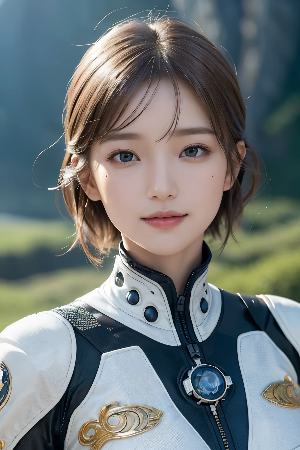 Ultra-high resolution、(Real:1.4)、One beautiful woman、Beautifully detailed eyes and skin、Light brown short hair、A Little Smile、Small Bust、Intricately decorated smart space suit、Impressive pose、Remains of a huge structure、Valley、cliff、Cloudy、evening、light rain、