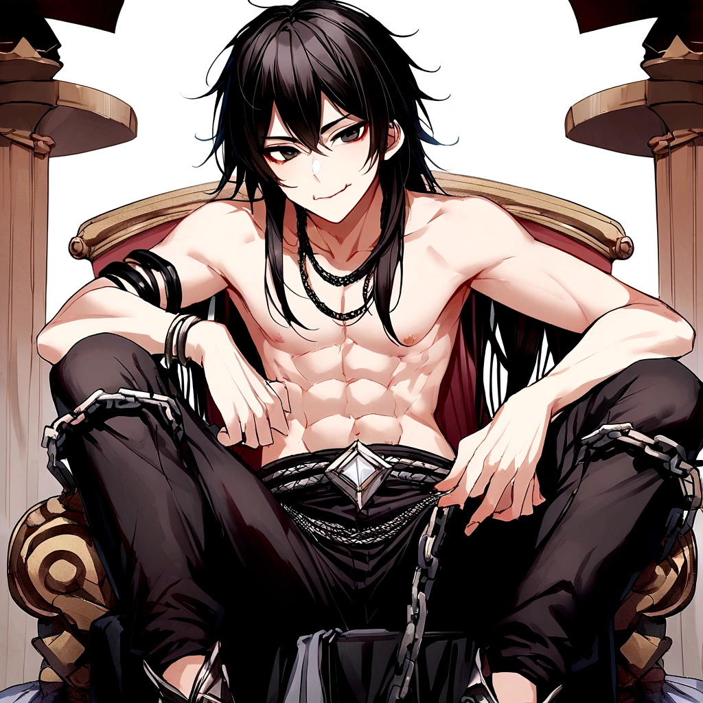 A young man, 25 years, defined body, Hair largo, Hair, black hair, black eyes, lower lip piercing, pointed chin, very beautiful, no shirt, black pants somewhat worn and destroyed, chains, flirtatious smile, flirtatious expression, full body view, Alone, throne room, castle place, sitting on a throne, pose that demonstrates self-confidence, digital drawing