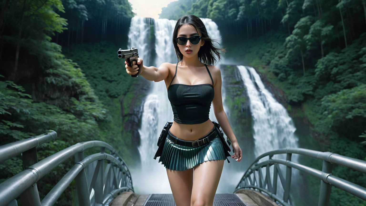 Aerial view, high elevated forest bridge, giant waterfall, Matrix cascading code. At night, dark sky, (((1girl, solo))), photo realistic, (large-breast:1.3 slim body, cleavage:1.2), (((tube top, very short pleated miniskirt))), (((((matrix style black sunglasses))))), (((aiming at camera with a mini pistol))), (dynamic pose, looking at camera, low angle view), (((((half-body (thigh level) medium shot))))), (cinematic lighting).