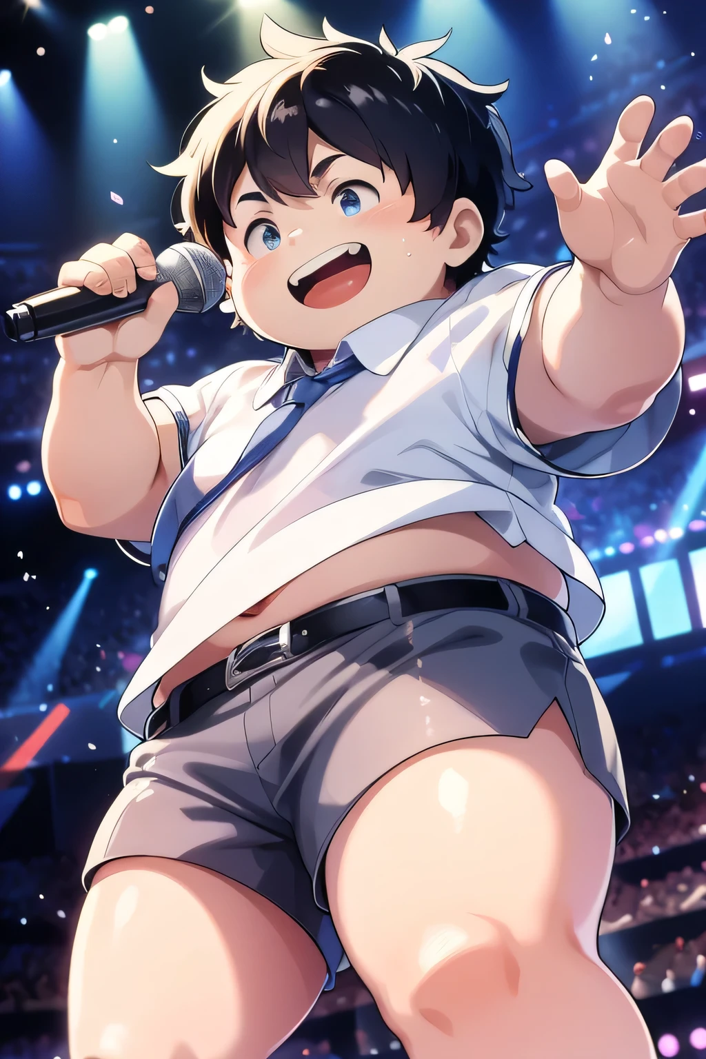 fat Boy,Idol singer,School,shorts,happy,Sing,on stage,high quality,high-definition,masterpiece,