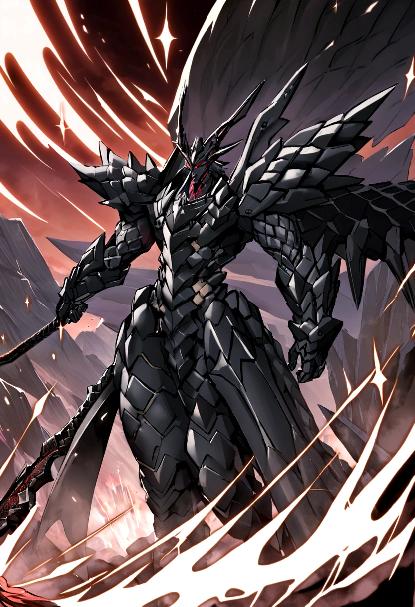 Shikai Liberation Command: "Rugge, Kurogane Ryū" (Rugge, Black Iron Dragon)

form: When the Shikai is activated, The Zanpakutō transforms into a large double-edged sword with a black metallic appearance and silver sparkles.. The blade has a texture similar to dragon scales, and the blade can be extended and retracted at will.