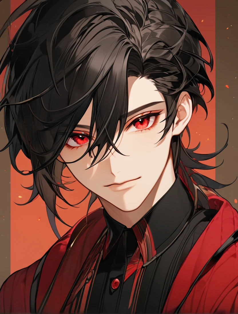 (Black_Hair), (red_ruby_eyes), (Handsome), (attractive), (male), (close_up_shot), (detailed_eyes), (detailed_hair), (clean_hair), (vertical_pupils), (jawline), (youthful_appearance)