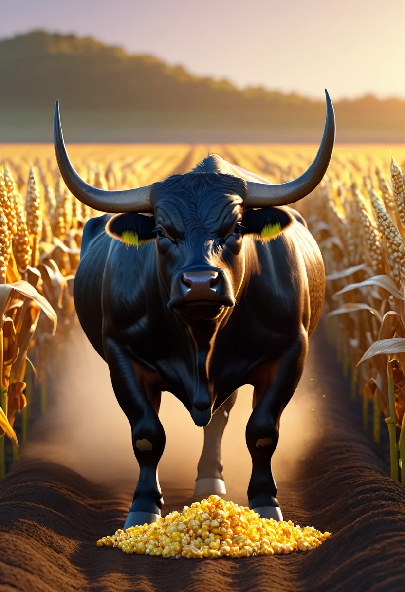 Half man half  black bull, tribal, caramel corn fields, sunrise, 8k rendering, realistic lighting, rim light, hyper detailed, octane render, cinematic, --ar 7:5