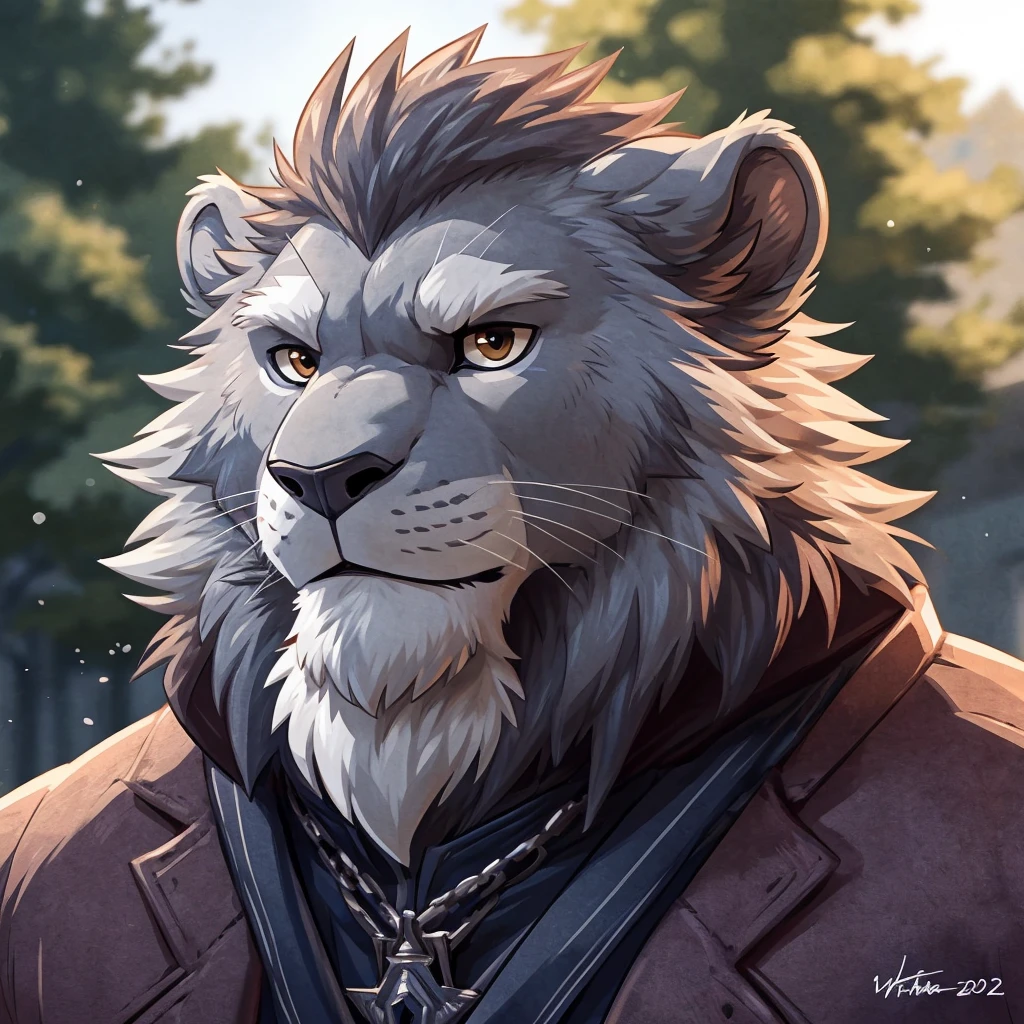 anthro lion, ((grey lion)) 4k, high resolution, best quality, posted on e621, solo, anthro body, male, adult, masculine, , correct anatomy, (icon), (blurry background, out-of-focus background:1.2), (by takemoto arashi:1.0), (by wfa:1), (by Taran Fiddler:0.5), young, (cel shaded, cartoony shading:1.2), black lineart, black outline, flat coloring, (strong shadows, dark shadows:1.2), dynamic pose, portrait, close up to face,
