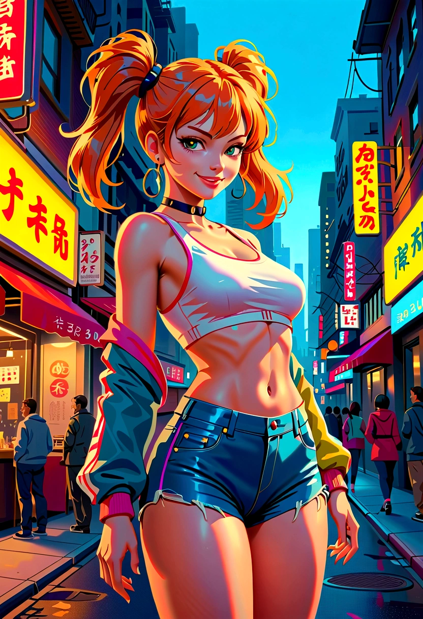 Best quality, high resolution, Masterpiece: 1.3, Stunning Adult Woman, Hairstyle: Twin Tails, mini skirt, Masterpiece, Confident Smile, Realistic, Bold Personality, Multiple Female Characters, Captivating Eyes, Attractive Features, Colorful Twin Tails, High Fashion mini skirt, Urban Theme, Neon Signs, Busy City Street, Bright Lights, Reflective Surfaces, Detailed Clothes, Accessories, Closeup 3D Octane rendering, ray tracing, super detailing viewer, closeup. front view