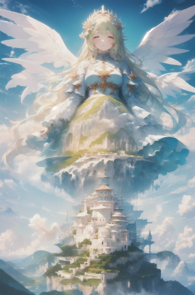 Gently illustration, Soft atmosphere, Pastel colored pencil illustrations, absurd, meticulously made, Ultra-high quality, Ultra Detailed, landscape, Sky, water, cloud,Sky, architecture, Sky Palace Castle,Looming,极好的landscape, Magnificent views, (1 very cute angel girl:1.3), 站在cloud端,Solitary