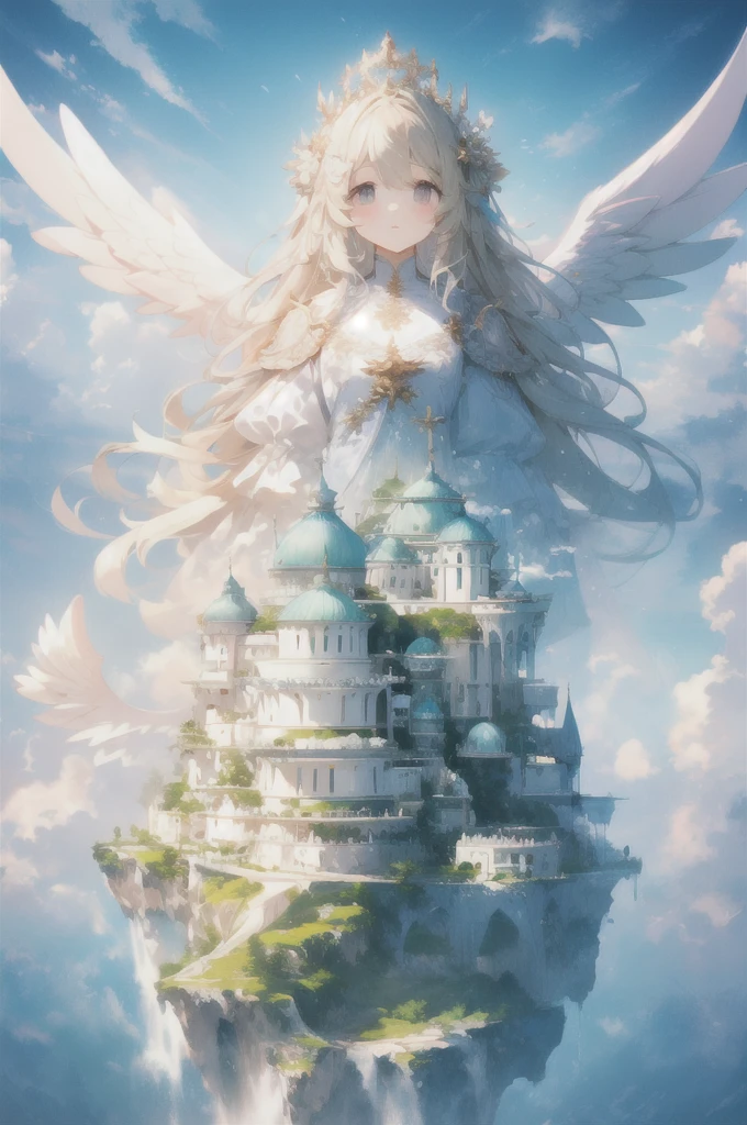 Gently illustration, Soft atmosphere, Pastel colored pencil illustrations, absurd, meticulously made, Ultra-high quality, Ultra Detailed, landscape, Sky, water, cloud，Sky, architecture, Sky Palace Castle，Looming，极好的landscape, Magnificent views, (1 very cute angel girl:1.3), 站在cloud端，Solitary