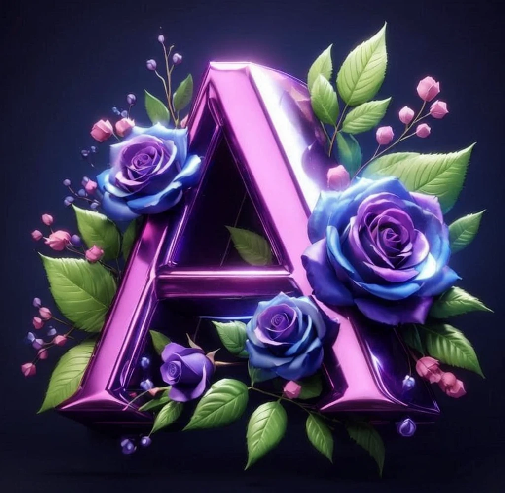 Purple and blue roses are on letter a with leaves, letter a, letter a, detailed letter, 8k high quality detailed art, purple beauty, aaaaaaaa, ✏️🎨, cinema 4d art, profile picture, airbrush digital art, rental 3d artist, 3d digital art 4k, be a 3d rendered photo