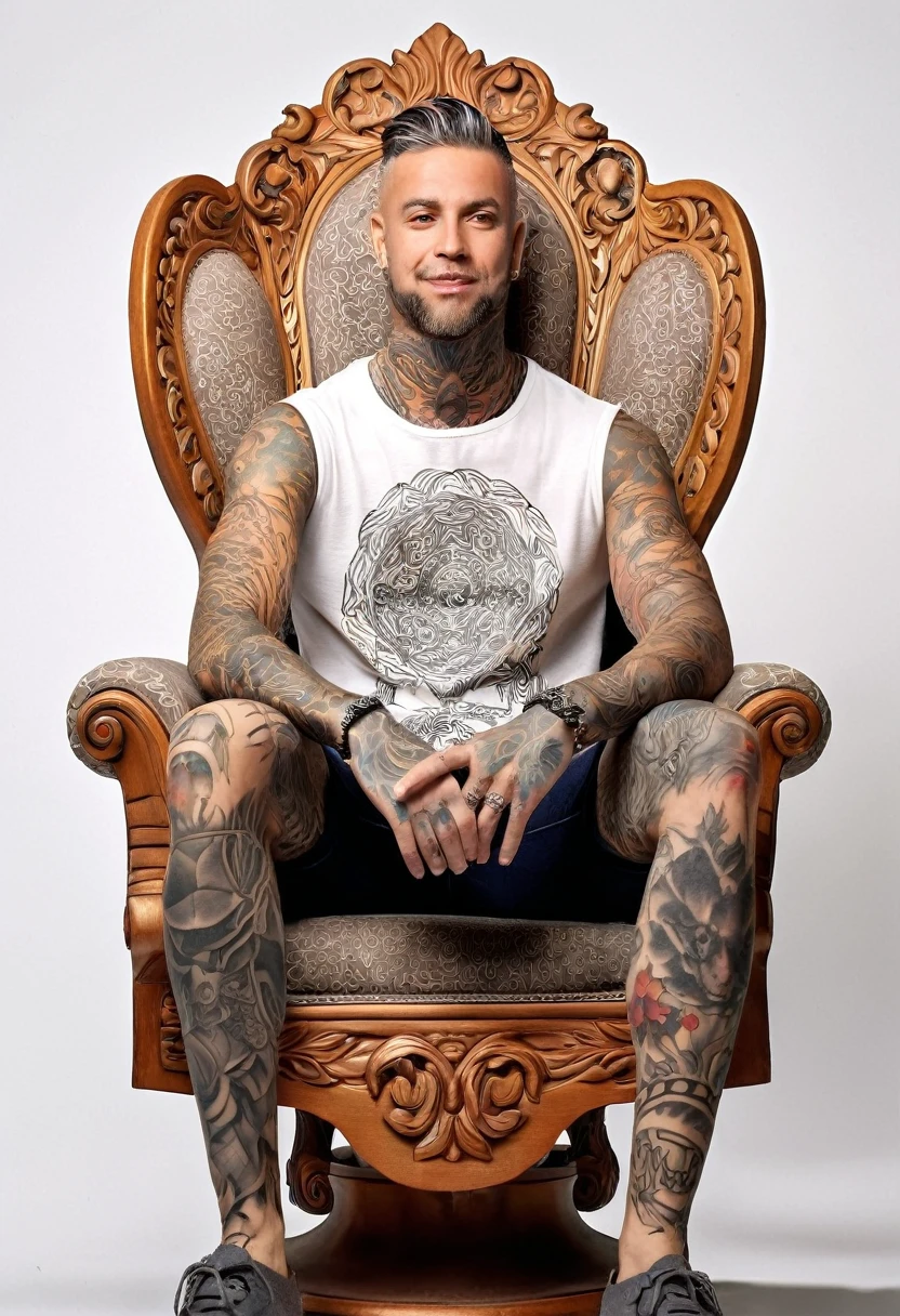 arafed man with tattoos sitting in a chair with a tattoo on his arm, tattooed man, sitting on the porcelain throne, sitting in his chair. intricate, sitting on intricate throne, sitting on throne, sitting on the throne, sitting on a throne, full body greg rutkowski, with tattoos, tattooed, sit on throne, inked, sitting on his throne