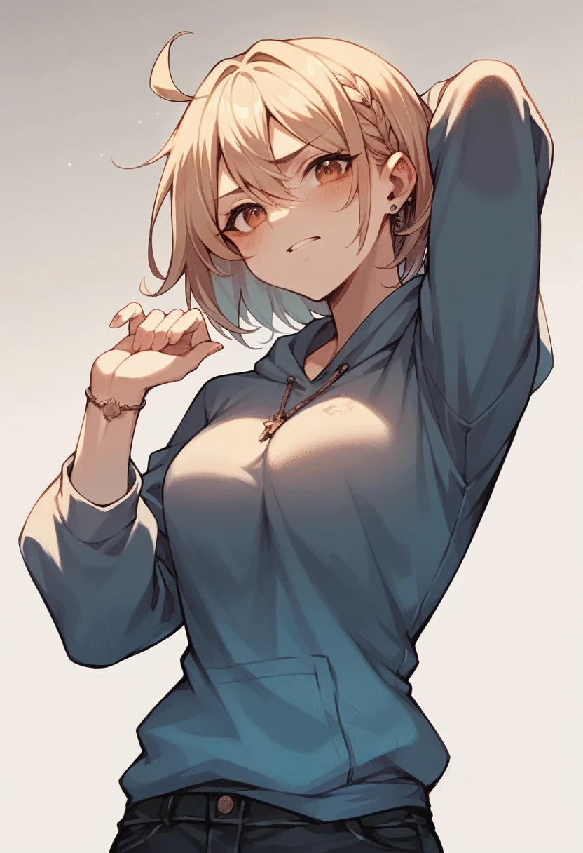 absurderes, ultra-detailliert,bright colour, extremely beautiful detailed anime face and eyes, (独奏:1.6), ;D, shiny_skin,25 years old, Short hair, , asymmetrical bangs, Blonde hair with short twin tails, Shiny hair, Delicate beautiful face, red blush,(cyan eyes:1.3 ) White skin, hair clips, earrings, a necklace,(Naked Hoodie:1.3),(Put your hands on your chest:1.3) evening、(Surprised:1.4)、Wet、upper body