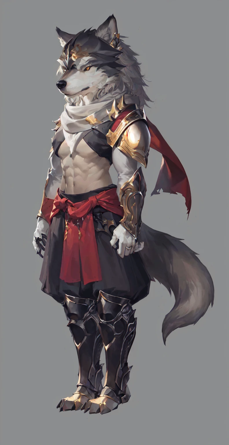 Close-up of man in wolf costume, Wolf-inspired armor, detailed Whole body concept art, detailed Whole body concept, Anthropomorphic wolf girl, Wearing a white scarf，Whole body concept, Wolf Armor, Minotaur Wolf, High resolution commissions, Male Warrior, Full body character concept, Whole body concept art, Female body