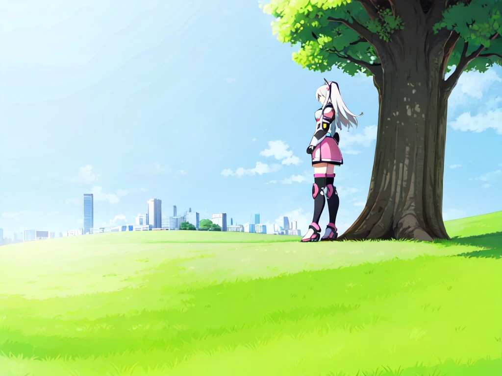 1girl, mecha musume, pink and black armor, light armor, standing, gray hair, big tree, bush, uphill, blue sky, city from a far,