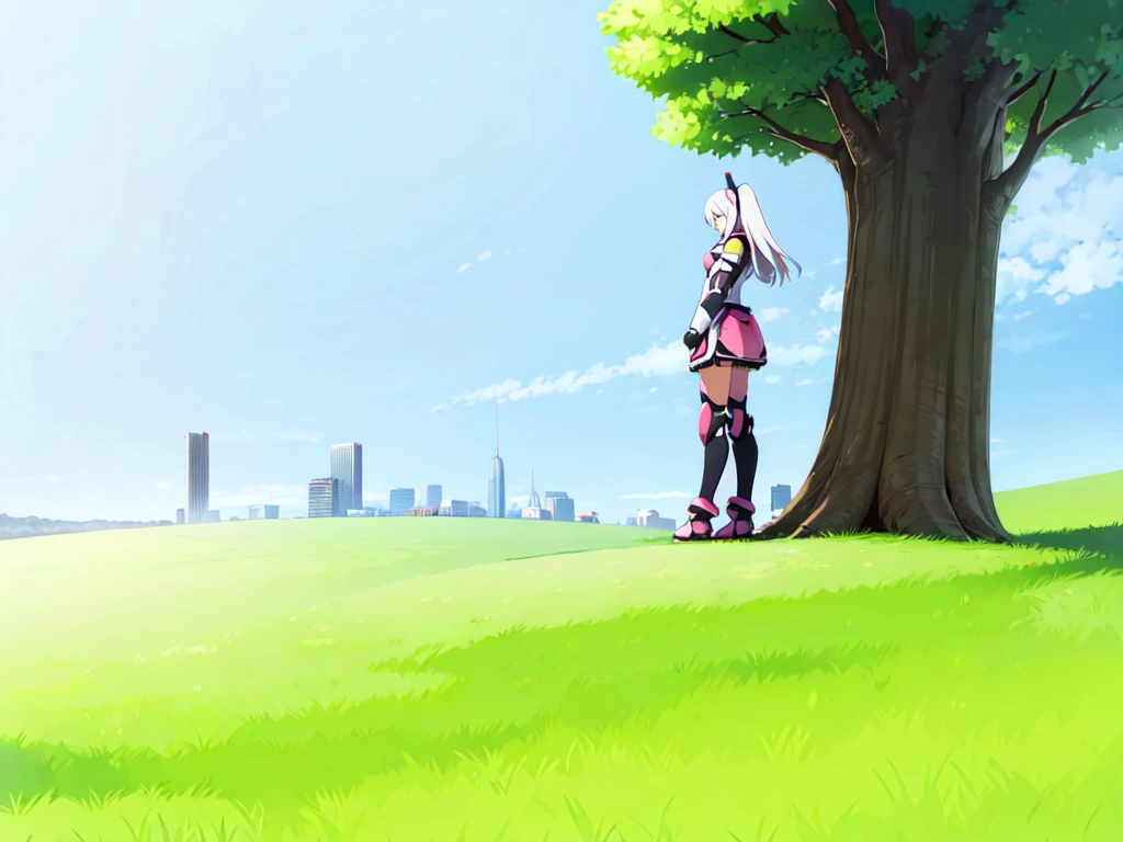 1girl, mecha musume, pink and black armor, light armor, standing, gray hair, big tree, bush, uphill, blue sky, city from a far,