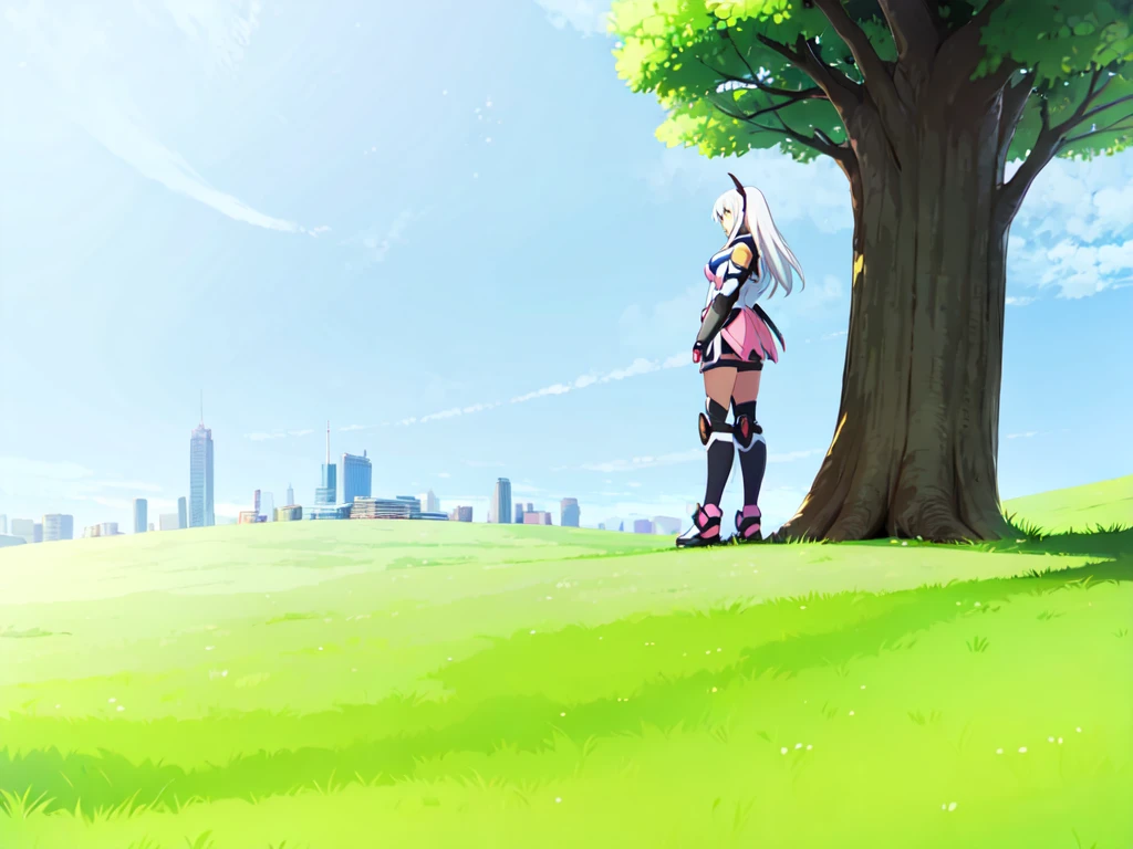 1girl, mecha musume, pink and black armor, light armor, standing, gray hair, big tree, bush, uphill, blue sky, city from a far,