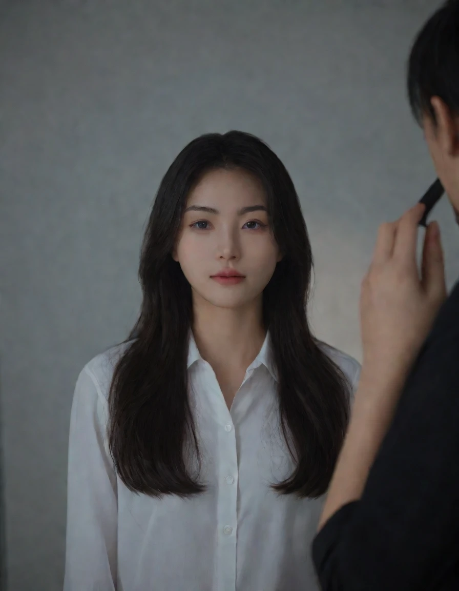 Best Quality, 8k, Masterpiece, (Portrait: 1.3), (photo realistic:1.4), (hyper realistic:1.4), Sharp Focus, looking at viewer, (smoother lighting:1.1), (increase cinematic lighting quality:0.9), realistic lighting, backlighting, light on face, ray trace, (brightening light:1.2), (Increase quality:1.4), sharp detail, (best quality real texture skin:1.4), finely detailed eyes, black_eyes, finely detailed face, 25 year old Korean woman, (white shirt:1.4), (Create an image maintaining the original base model hairstyle:1.5)