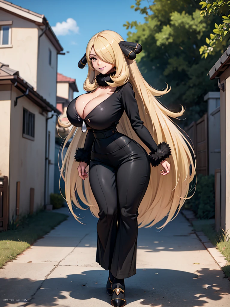 1girl, solo, looking at viewer, grey eyes, floating hair, defCynthia, blond hair, very long hair, hair over one eye, one eye covered, hair ornament, fur collar, smile, deep cleavage, black gown, long sleeves, black pants, outdoors, full body shot, gigantic breasts
