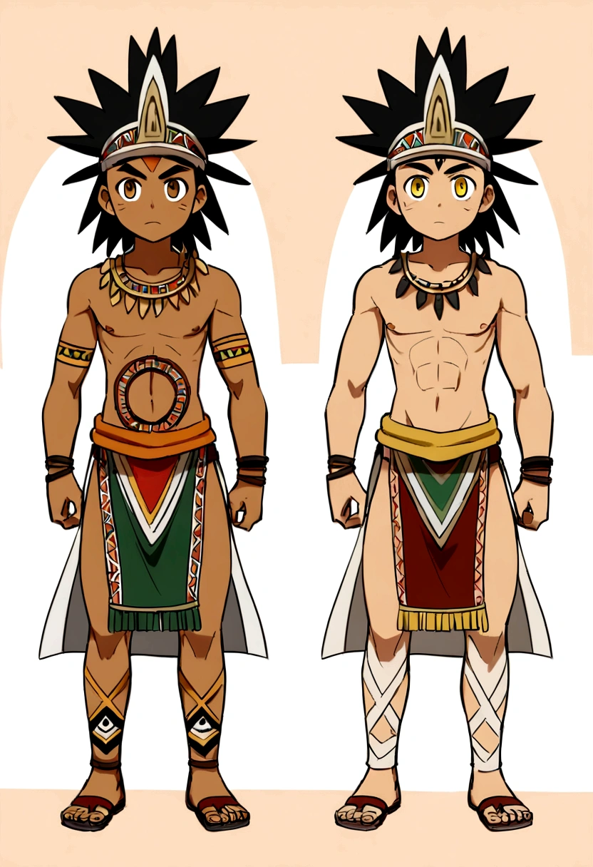 Highres, Stable Diffusion 3, 1boy, male,  male, black hair, full body, standing,, dark-skinned_male, tribal warrior, long loincloth, tribal clothes, gambezon, mexican,  aztec, aztec clothing, aztec tatoo, black hair, golden eyes, anime tsubaki kunoichi style, white background
