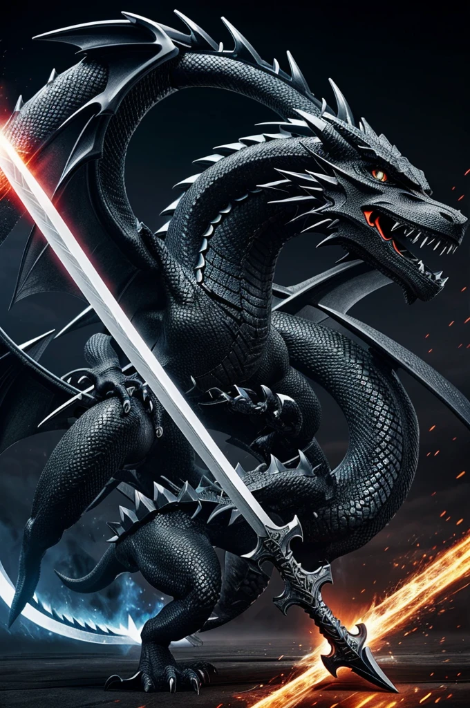 Shikai Liberation Command: "Rugge, Kurogane Ryū" (Rugge, Black Iron Dragon)
form: When the Shikai is activated, The Zanpakutō transforms into a large double-edged sword with a black metallic appearance and silver sparkles.. The blade has a texture similar to dragon scales, and the blade can be extended and retracted at will.