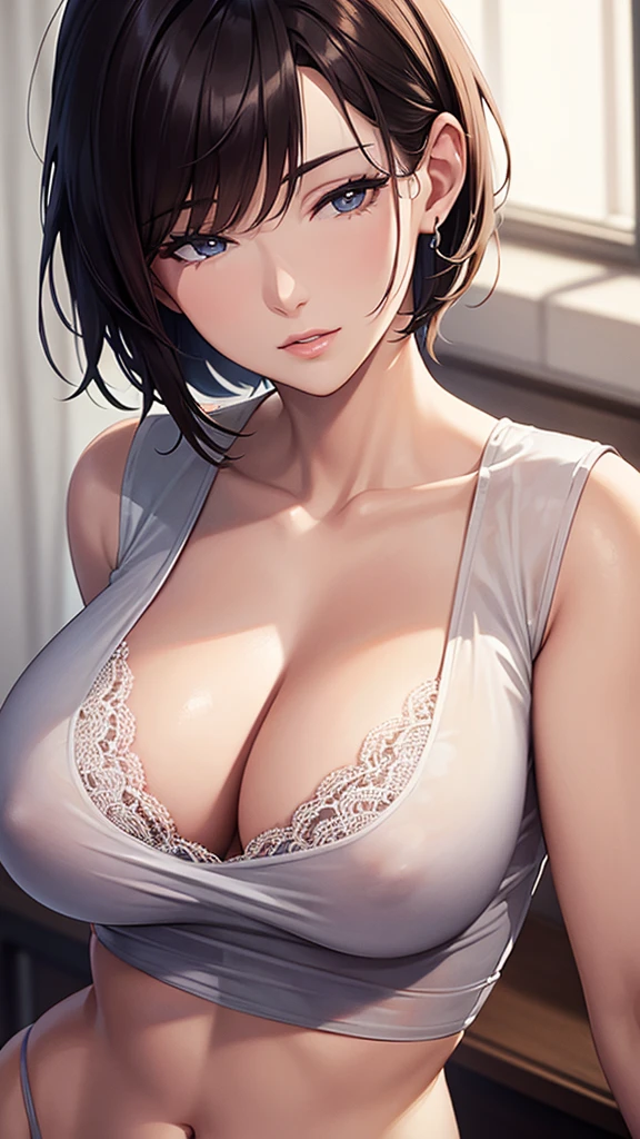 1 Female,High definition,high resolution,Ultra-realistic,8K, bionde,European,sexly,Upper body close-up,Photographed from the front,Dynamic Angles,private teacher,Y-shirt,A little sheer underwear，Large Breasts