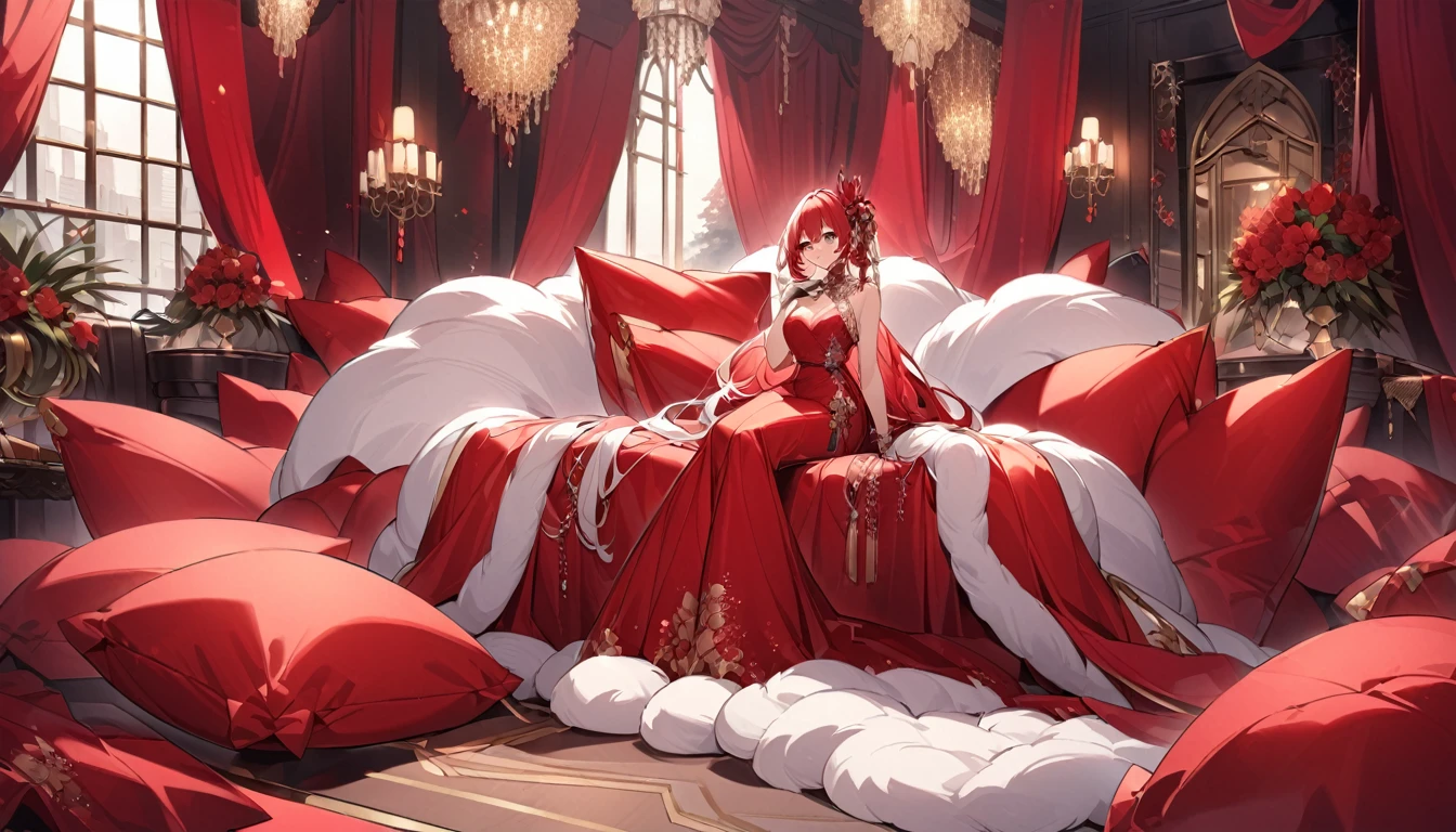 Luxurious and fluffy red silk duvet、Lots of giant silk pillows、