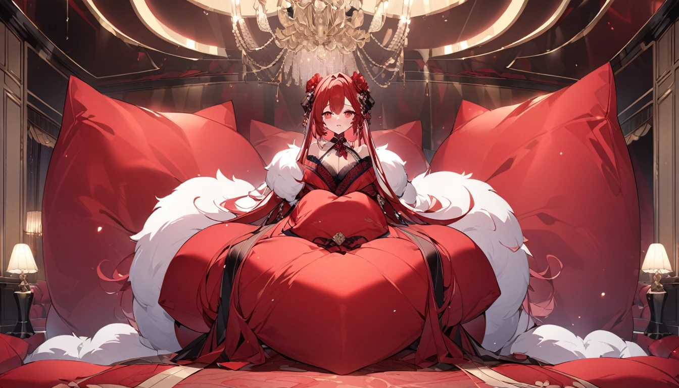 Luxurious and fluffy red silk duvet、Lots of giant silk pillows、