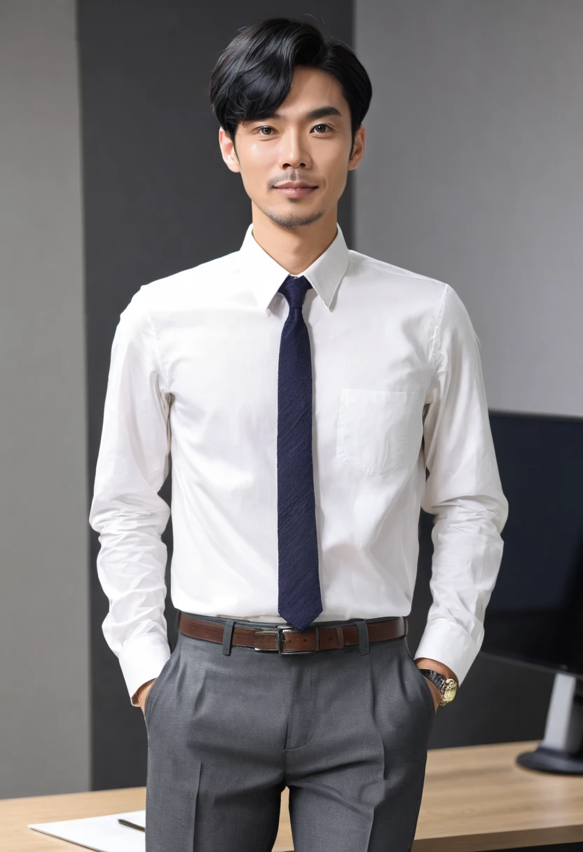 Japanese male Ugly Short black hair Office casual attire