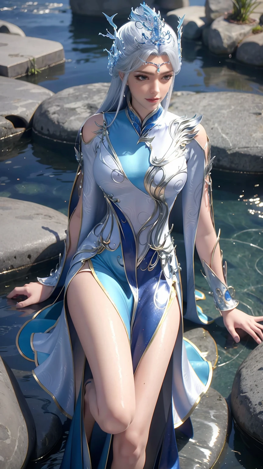 
一个穿着连衣裙的女孩躺在Starry Sky下的床上，Exquisite smile，Beautiful and delicate eyes，Beautiful and delicate lips，Extremely detailed face and eyes，Long eyelashes，Full body，Flowing hair，belly button，best quality，excellent work，Super，(Reality:1.4)，RAW photos，(Beautiful face:1.2)，(Lying on the water:1.5)，1 girl，(absurd)，(8K)， (4K)，Octane Rendering，Starry Sky，((Full body view))，barefoot，Cross-legged，Wet all over，Water Magic，Wet，（Silver long hair），（Blue Eyes），Gauze on body