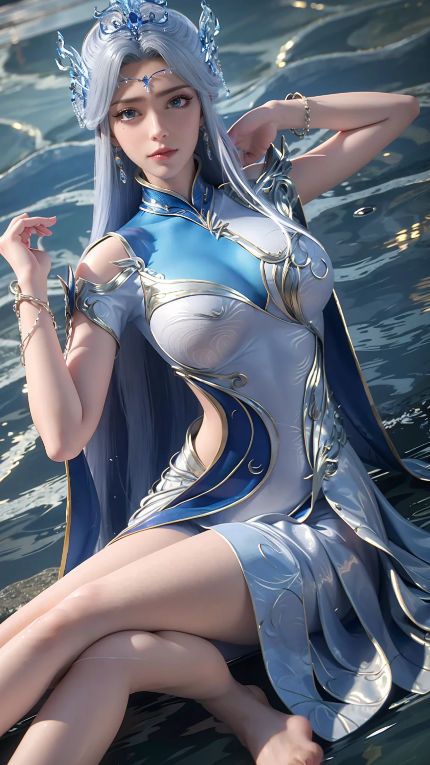 一个穿着连衣裙的女孩躺在Starry Sky下的床上,Exquisite smile,Beautiful and delicate eyes,Beautiful and delicate lips,Extremely detailed face and eyes,Long eyelashes,Full body,Flowing hair,belly button,best quality,excellent work,Super,(Reality:1.4),RAW photos,(Beautiful face:1.2),(Lying on the water:1.5),1 girl,(absurd),(8K), (4K),Octane Rendering,Starry Sky,((Full body view)),barefoot,Cross-legged,Wet all over,Water Magic,Wet,(Silver long hair),(Blue Eyes),Gauze on body