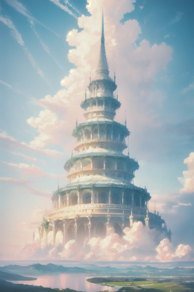 Gently illustration, Soft atmosphere, Pastel colored pencil illustrations, absurd, meticulously made, Ultra-high quality, Ultra Detailed, landscape, Sky, water, cloud,Sky, architecture, Sky Palace Castle,Looming,极好的landscape, Magnificent views, 在cloud端,Solitary