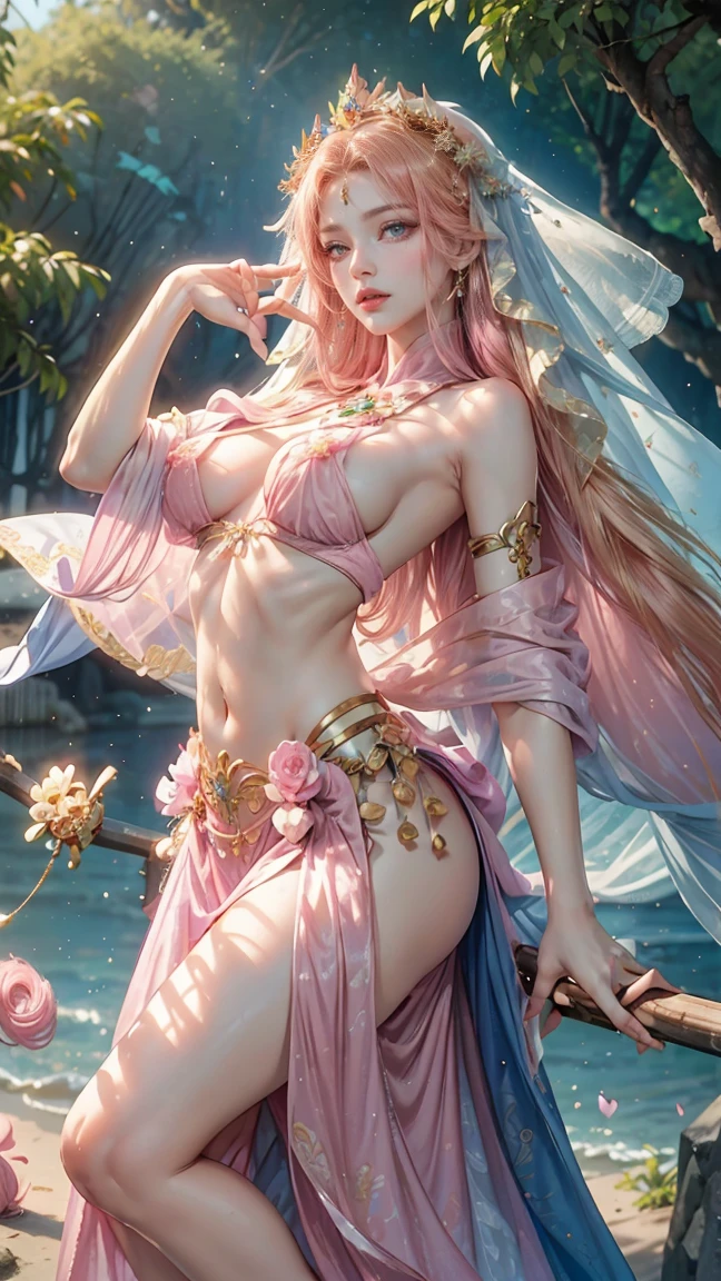 Woman in hanfu with veil, Chinese_robes, pink, 1 girl, piercing hair, long hair, blonde hair, gradient hair, yellow eyes, alone, big breasts, Big Hair, blue hair, crown, holy goddess, Chinese goddess, look at viewer, outdoor, Chinese city, headdress, hair accessories, bare shoulders, navel, flower pattern, dynamic poses, Astria, Diaphragm, Show your breasts,big breasts,Show your breastsของคุณ,The cracks are clear...,((big tits)),(pubic bone), rift, visible chest, Show your breastsของคุณของคุณ, open chest,((bare breast:1.37)), I see bulging nipples.,(((large areolae:1.4,pink,The nipples are clearly visible.....))),