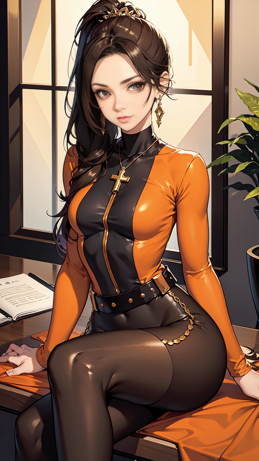 Beautiful woman with mid straight ponytail brown hair with brown eyes wearing Black Tight Leggings, Sexy Mock Neck Mid Sleeves Orange Blouse, luxurious jewelry, 18k gold wedding ring on left hand, sitting on a chair with cross-legged in her office room at night, (caucasian skin), (light brown lipstick), (elegant mascara), (slim body), (small breasts), (wide hips), midjourney, <lora:GoodHands-, <lora:GoodLegs-, UHD, high resolution, (expressive eyes, perfect face, full body, expressive face, perfect body, perfect pussy, athletic, fit, slim body, blushing, Perfect makeup, eyeliner, beautiful eyelashes, smiling, horny face), ((best illumination, best shadows)), ((sexy pose))