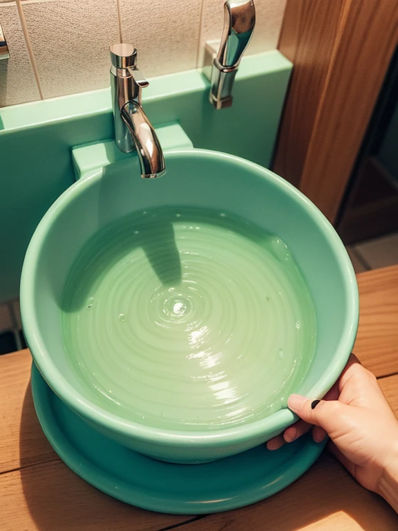  sculpts a washbasin from plasticine while sitting at the table