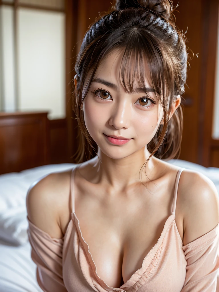 highest quality, Face Focus, Soft Light, Ultra-high resolution, (Realistic:1.4), RAW Photos,
1 Japanese girl, alone, cute, (pupil, Light in your eyes),  Beautiful face in every detail, ,(High resolution detail of human skin texture),
(double bun),
indoor,On the bed、Luxury hotel bedroom
, pajamas、open clothes、
(Portraiture)、embarrassed、blush、Smile 1.1