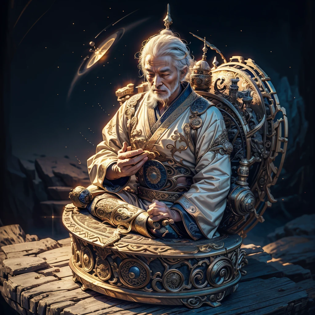 one person，Taoism，meditate，taijitu，浩瀚of宇宙星辰，Older men，wearing a Taoism robe，Starlight，fantasy，of，16k quality，Fine composition，Feeling，Top-down lighting，Facial details，Extremely detailed