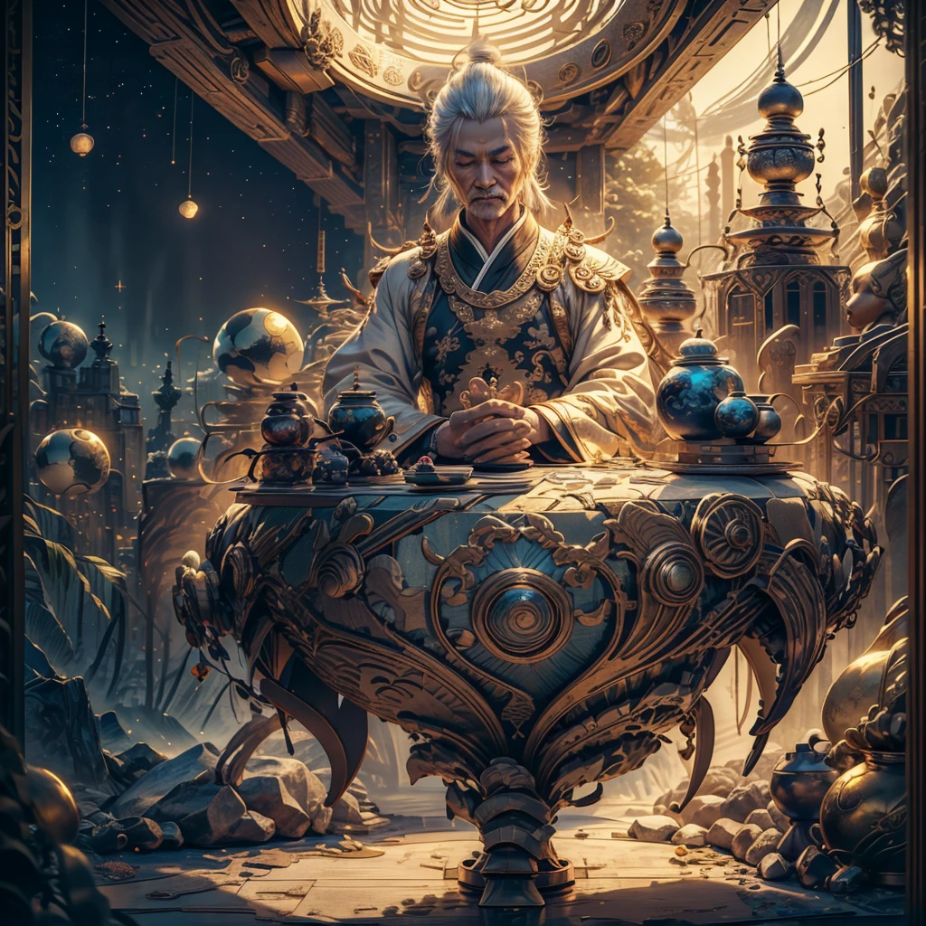 one person,Taoism,meditate,taijitu,浩瀚of宇宙星辰,Older men,wearing a Taoism robe,Starlight,fantasy,of,16k quality,Fine composition,Feeling,Top-down lighting,Facial details,Extremely detailed
